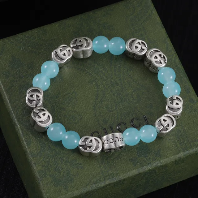Gucci Interlocking GG Bead Bracelet Blue Silver Logo Beads Engraved Lettering Bracelet 5