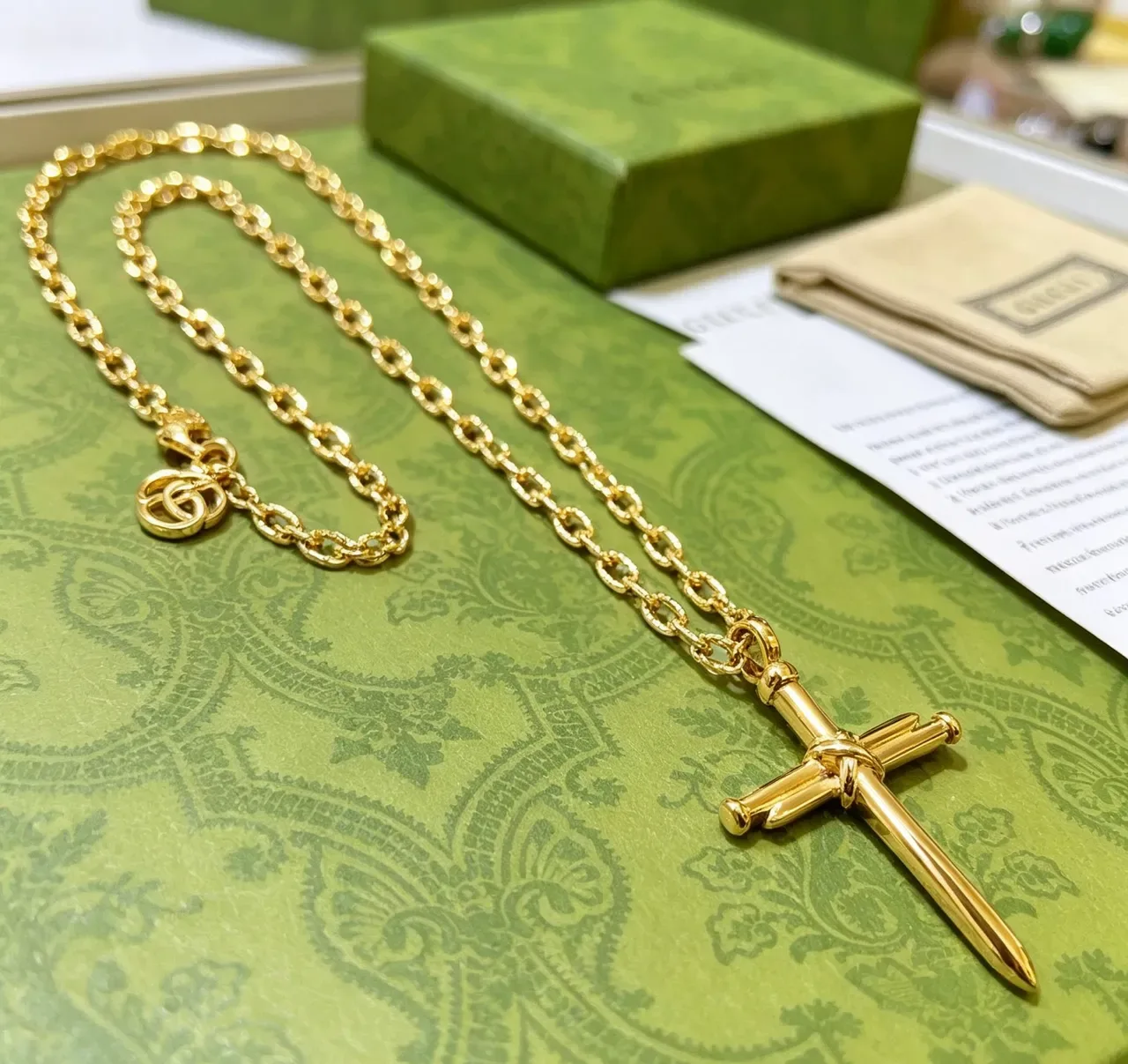 Gucci Knotted Sword Cross Gold-Tone Necklace 6