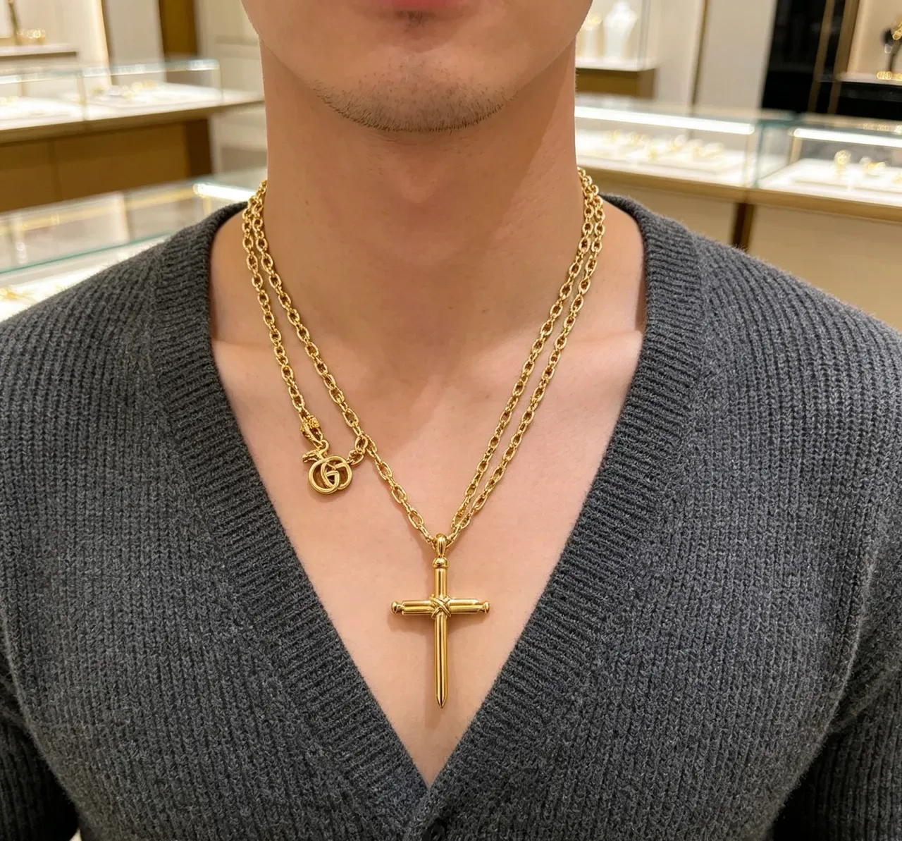 Gucci Knotted Sword Cross Gold-Tone Necklace 7