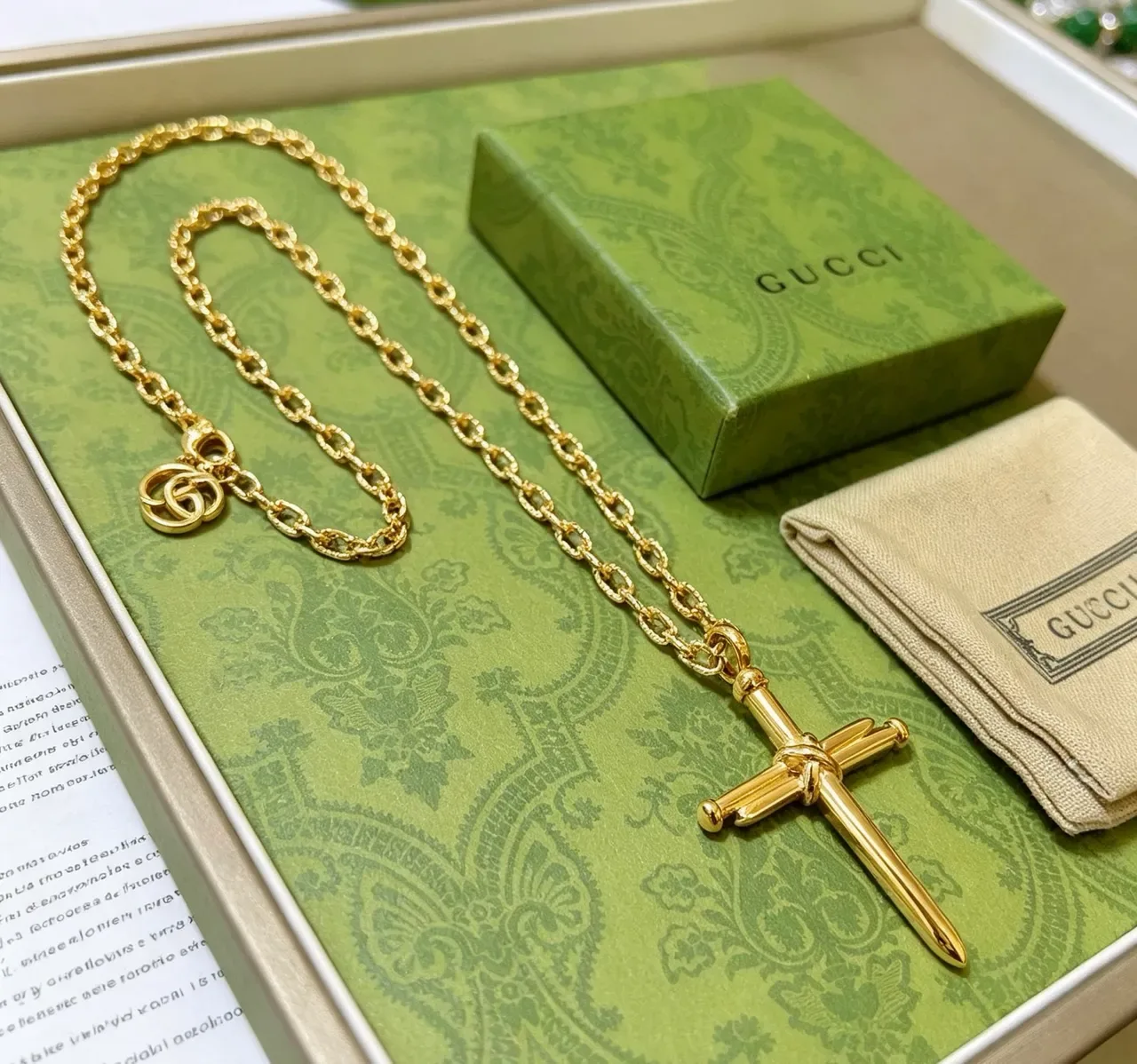 Gucci Knotted Sword Cross Gold-Tone Necklace 8