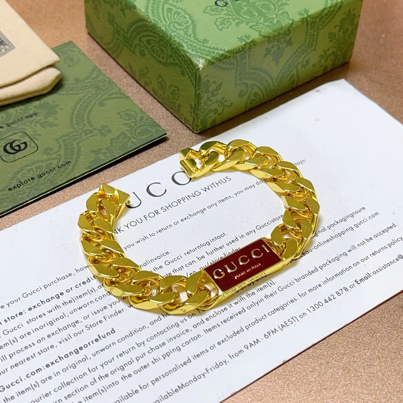 Gucci Logo Plaque Curb-Link Gold-Tone Red Enamel Bracelet 6