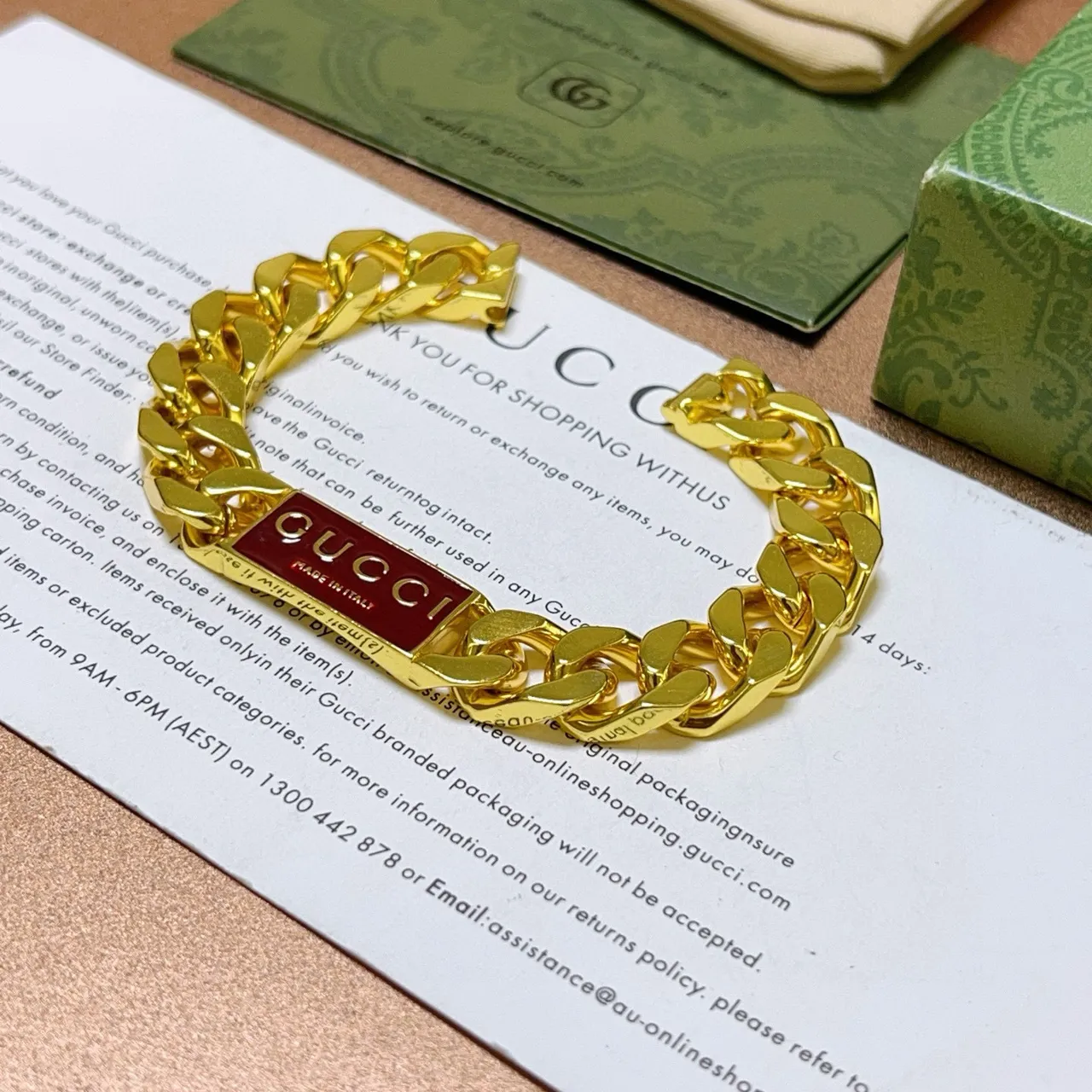 Gucci Logo Plaque Curb-Link Gold-Tone Red Enamel Bracelet 9