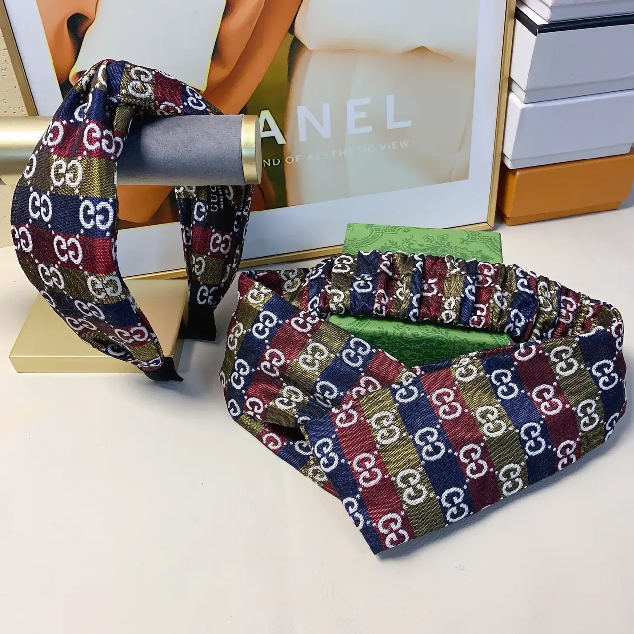 Gucci Multicolor Navy Interlocking GG Monogram Elastic Gathered Center Silk Scarf 3