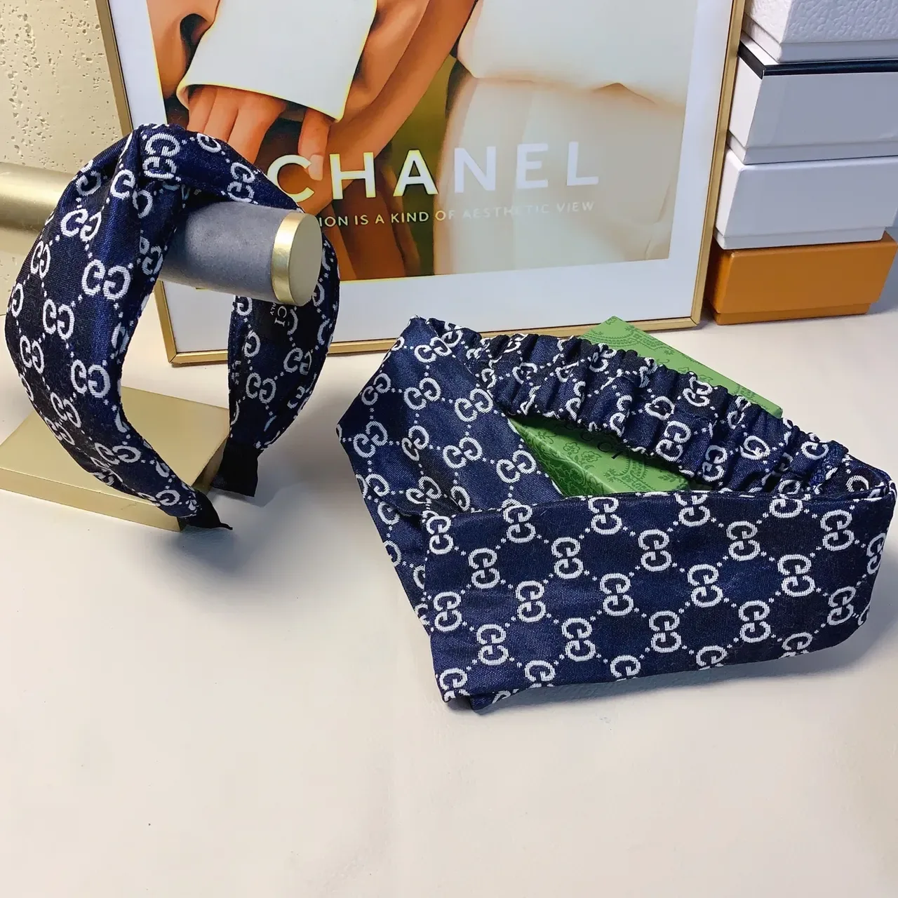 Gucci Multicolor Navy Interlocking GG Monogram Elastic Gathered Center Silk Scarf 5