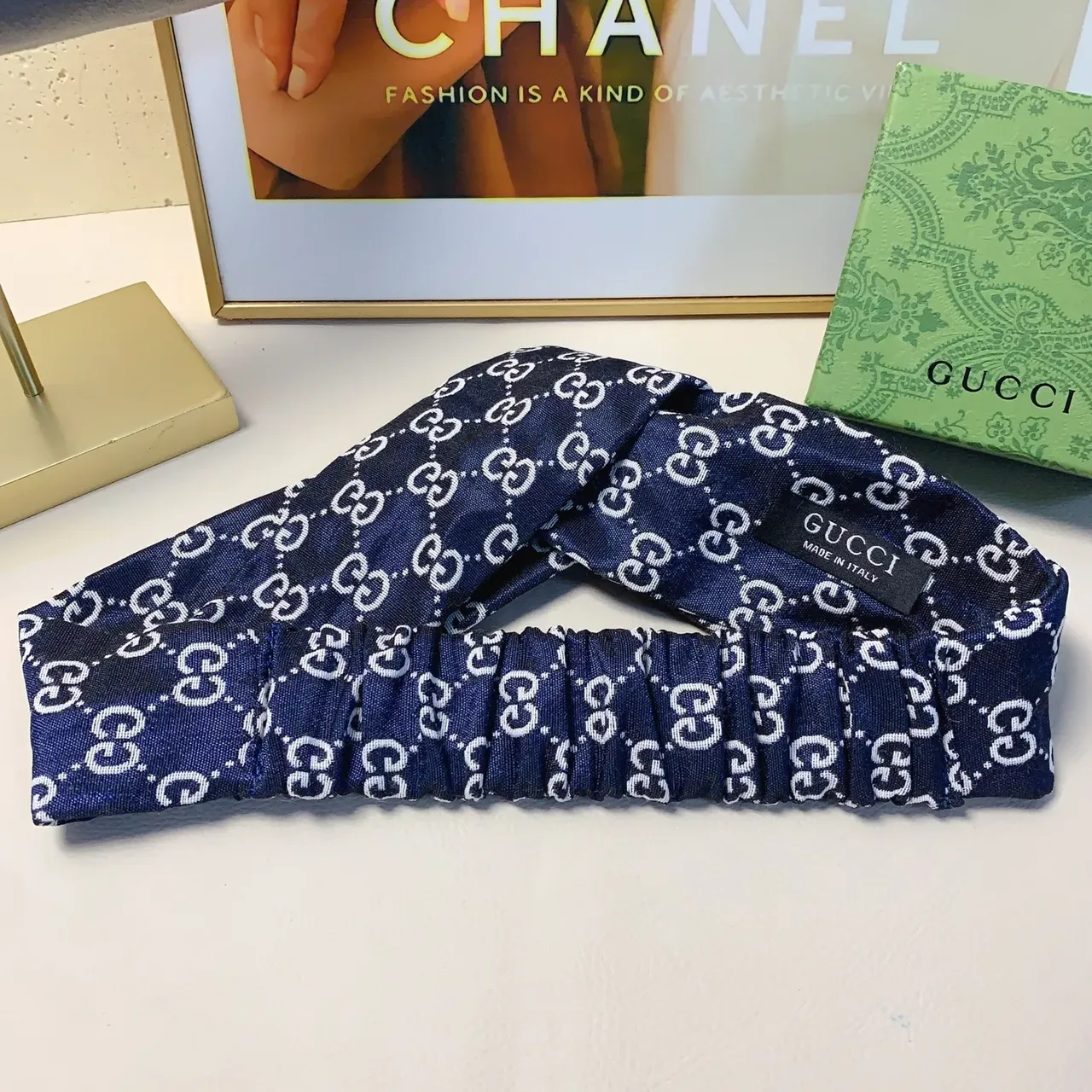 Gucci Multicolor Navy Interlocking GG Monogram Elastic Gathered Center Silk Scarf 6
