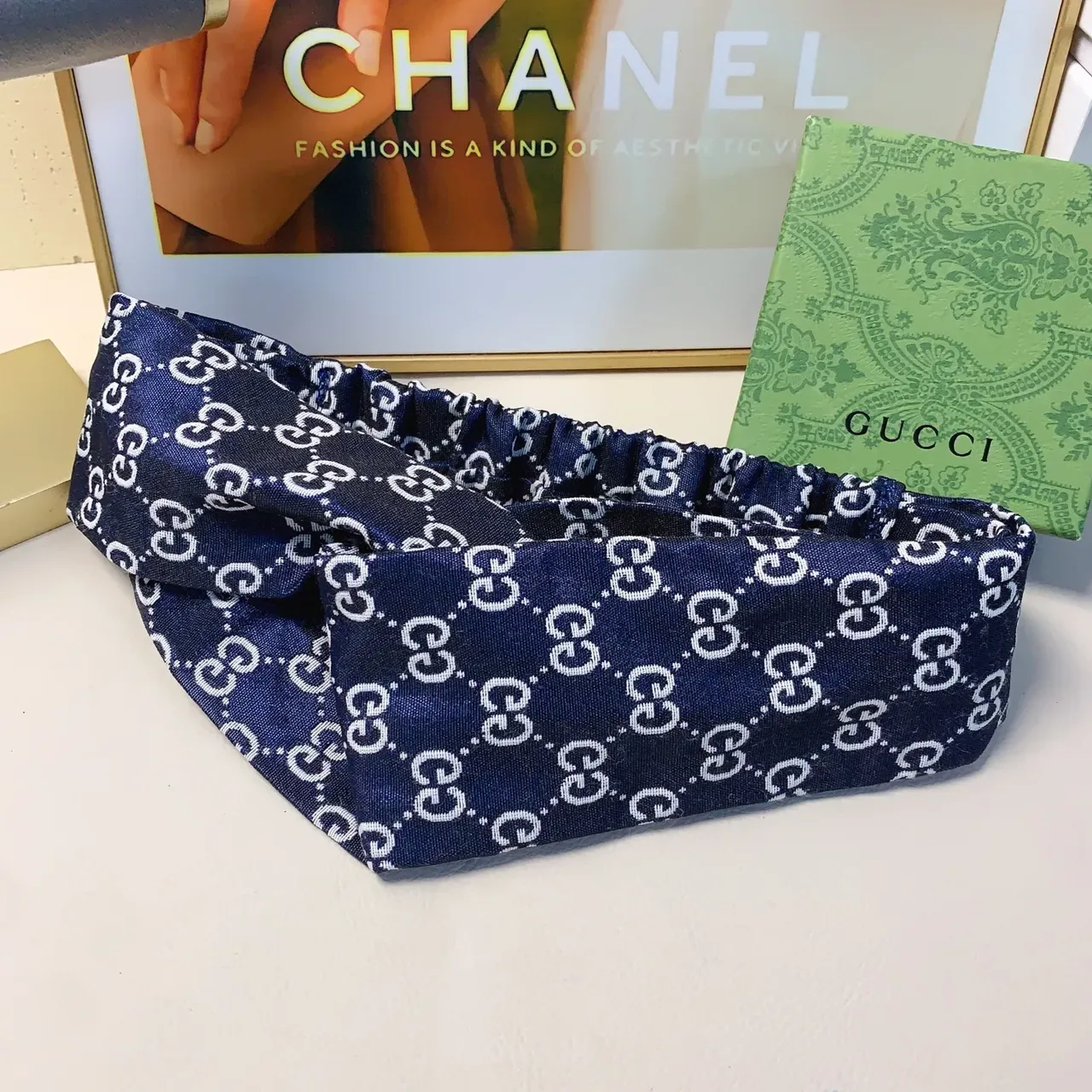Gucci Multicolor Navy Interlocking GG Monogram Elastic Gathered Center Silk Scarf 7