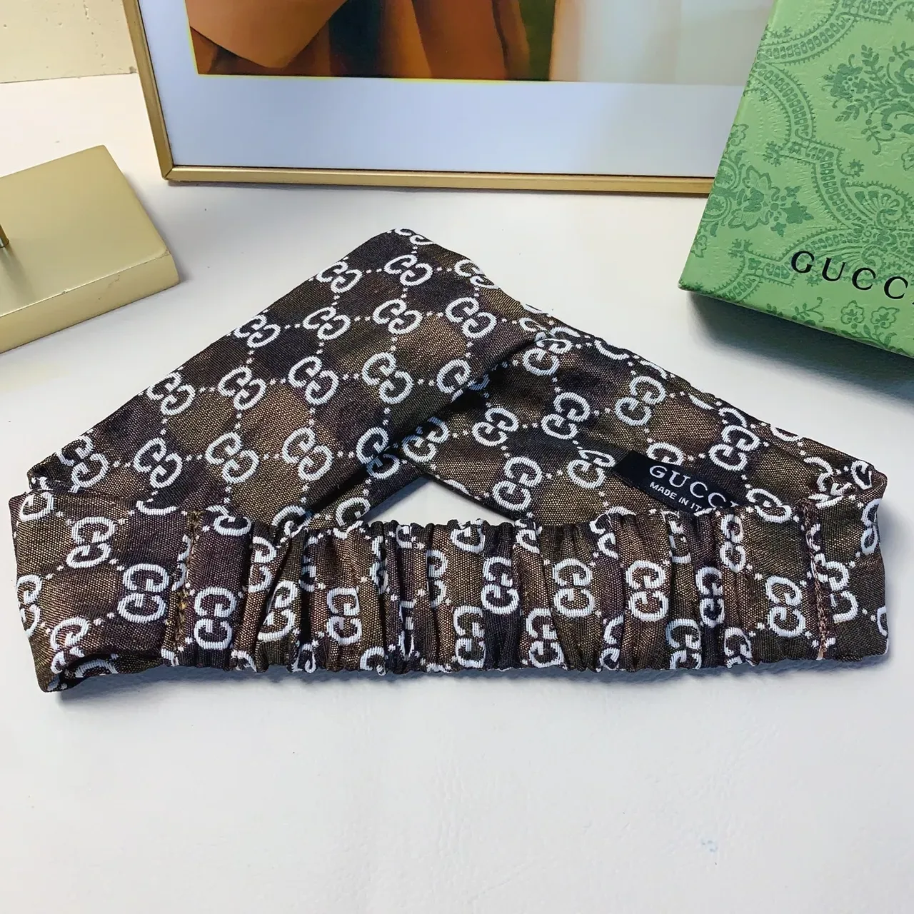 Gucci Multicolor Navy Interlocking GG Monogram Elastic Gathered Center Silk Scarf 8