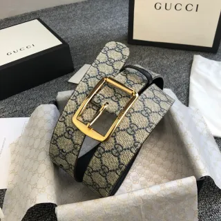 Gucci Ophidia Beige Black GG Monogram Canvas Gold-Tone Rectangular Buckle Leather Belt