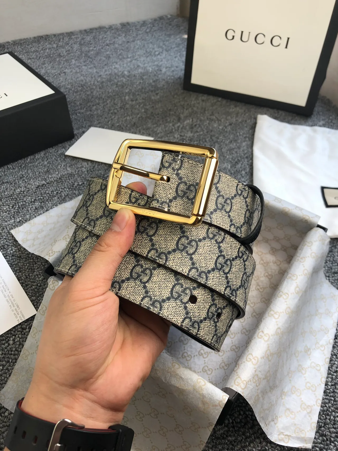 Gucci Ophidia Beige Black GG Monogram Canvas Gold-Tone Rectangular Buckle Leather Belt 2