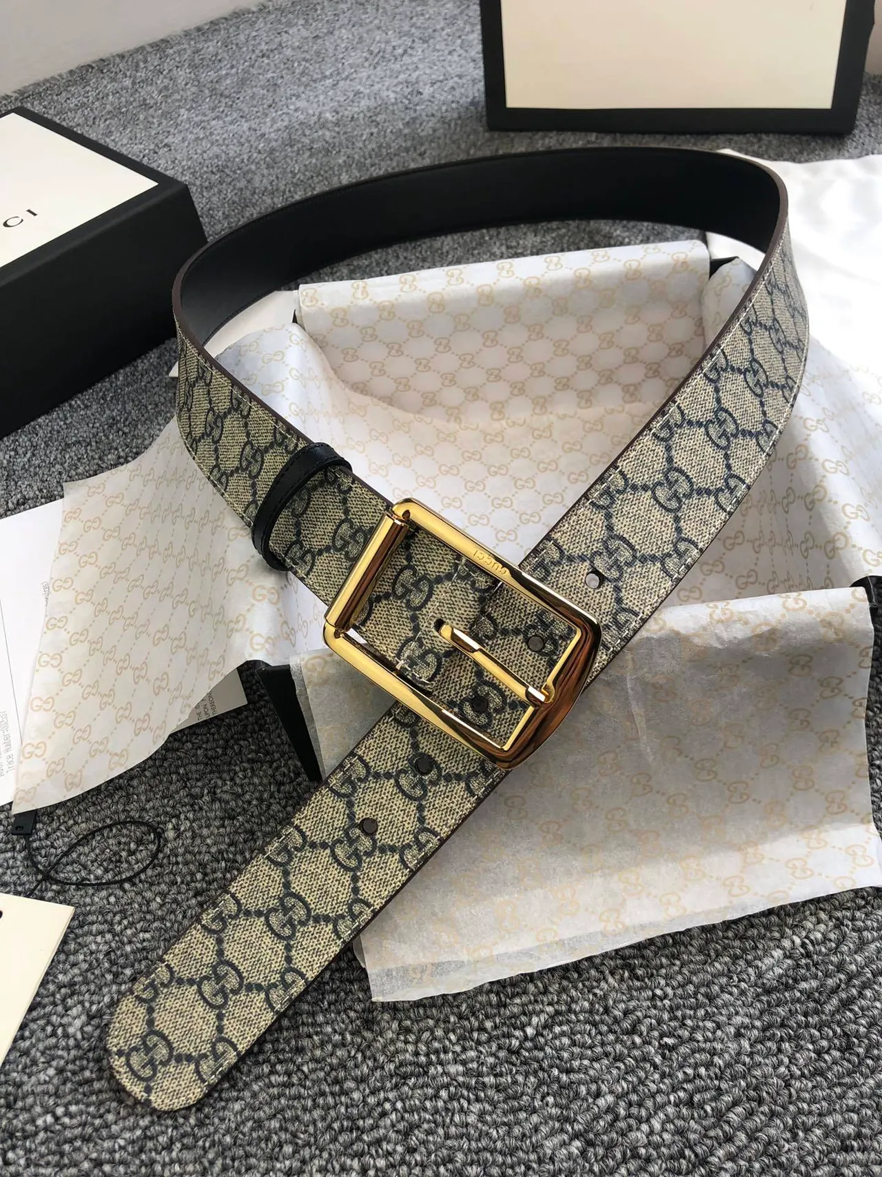 Gucci Ophidia Beige Black GG Monogram Canvas Gold-Tone Rectangular Buckle Leather Belt 3