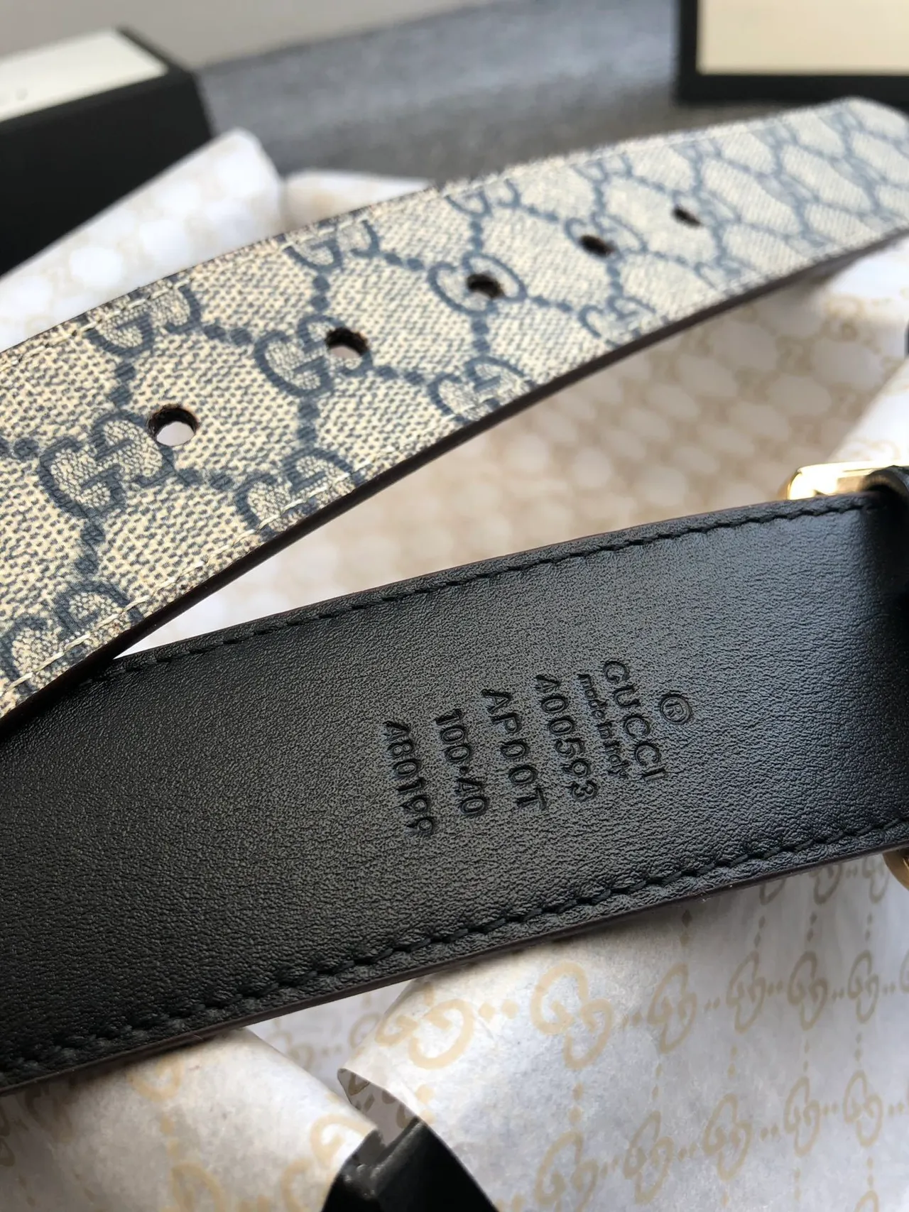 Gucci Ophidia Beige Black GG Monogram Canvas Gold-Tone Rectangular Buckle Leather Belt 4
