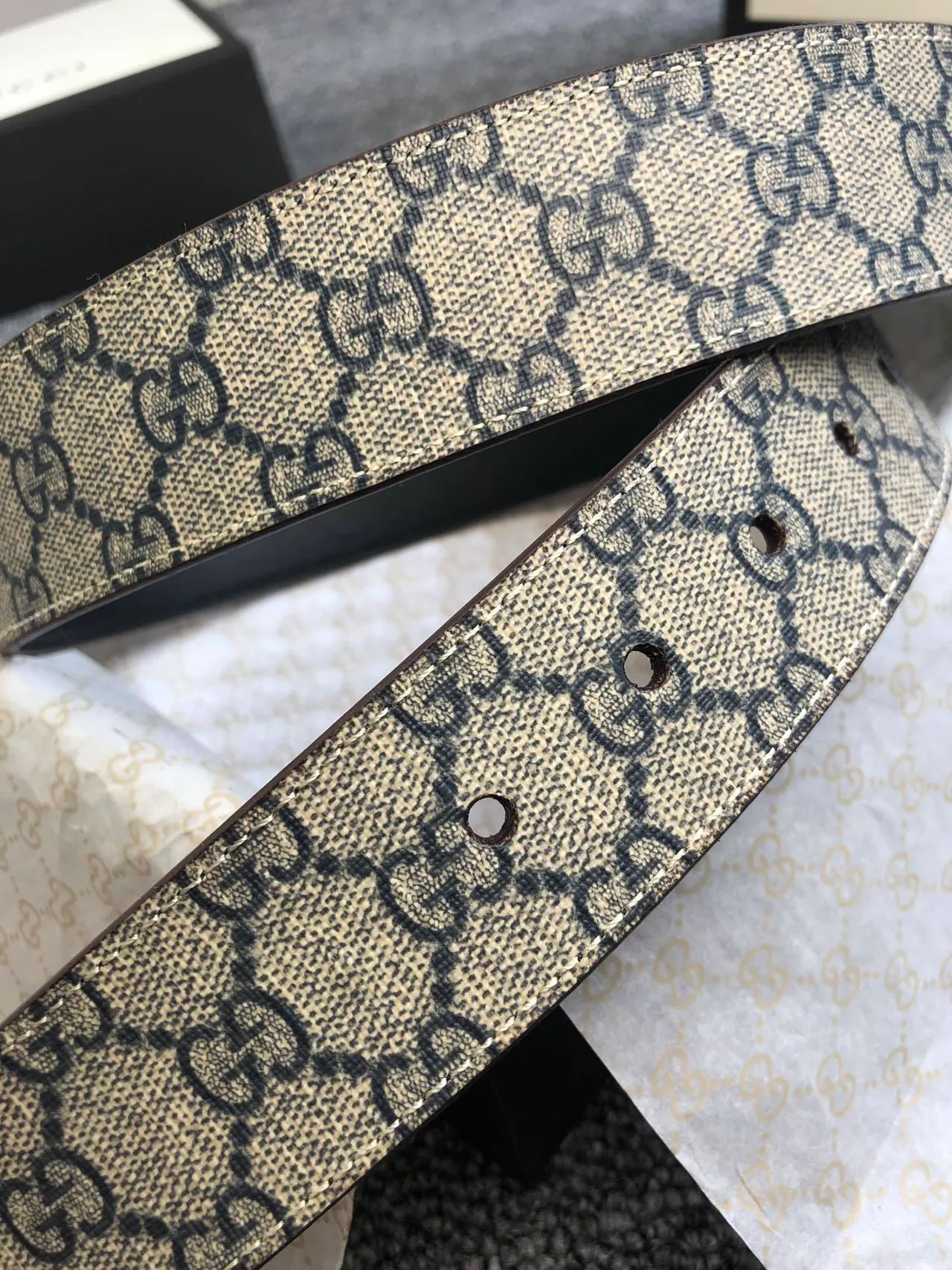 Gucci Ophidia Beige Black GG Monogram Canvas Gold-Tone Rectangular Buckle Leather Belt 5