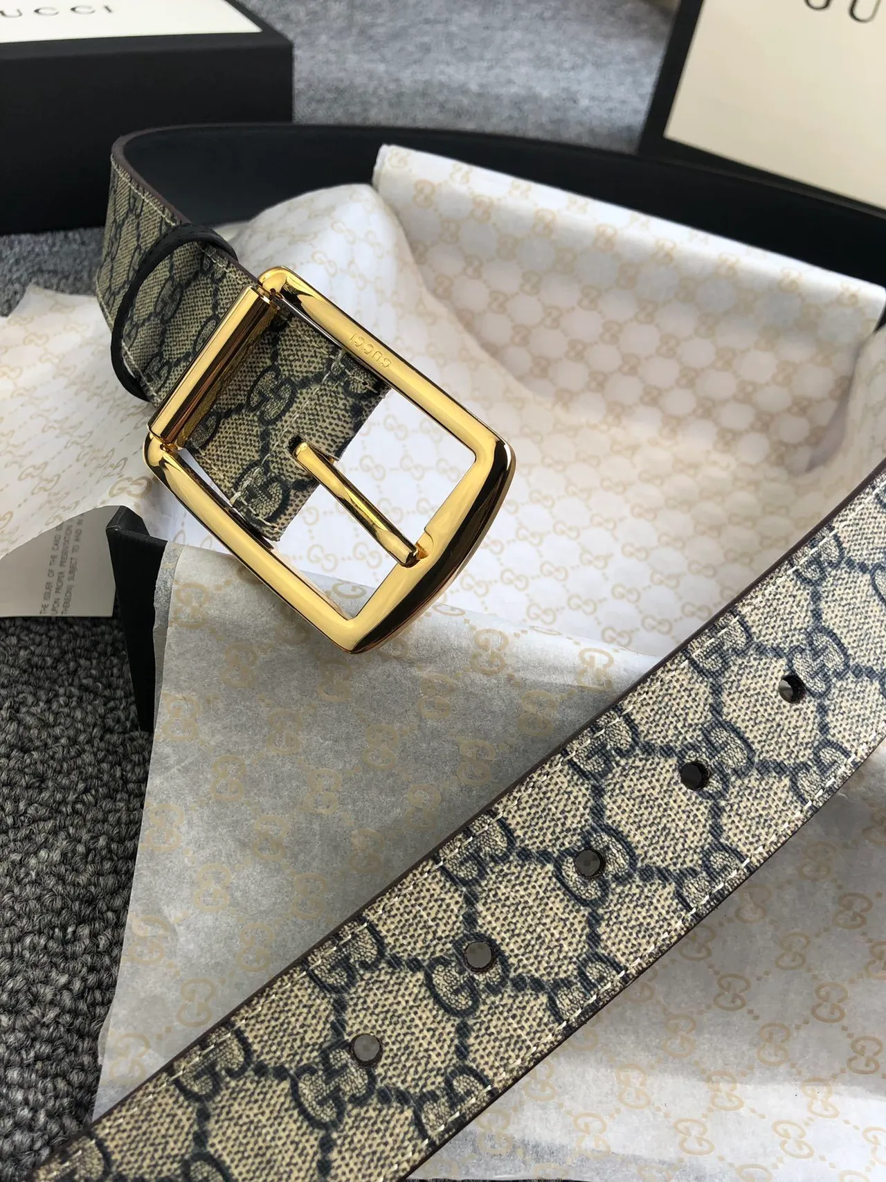 Gucci Ophidia Beige Black GG Monogram Canvas Gold-Tone Rectangular Buckle Leather Belt 6
