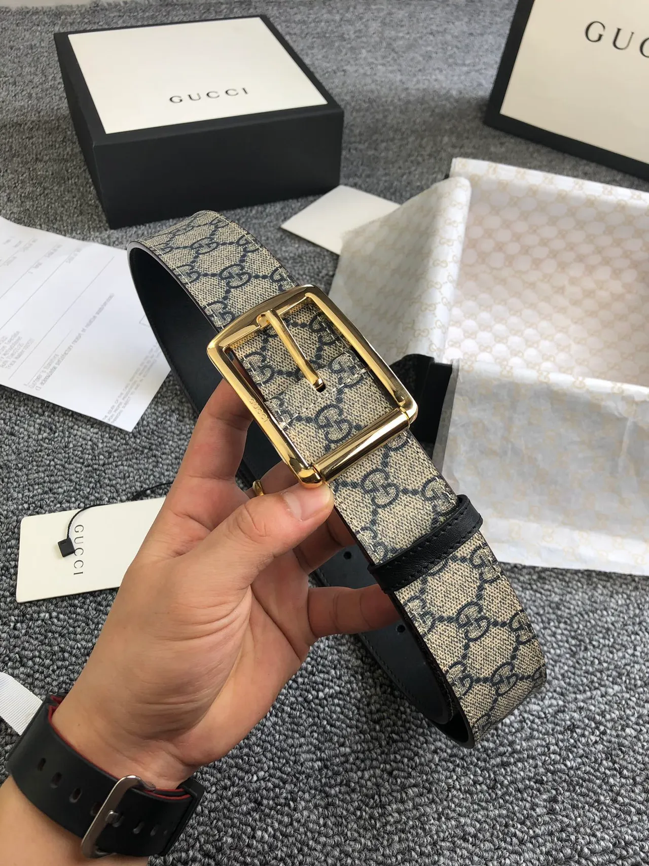 Gucci Ophidia Beige Black GG Monogram Canvas Gold-Tone Rectangular Buckle Leather Belt 7