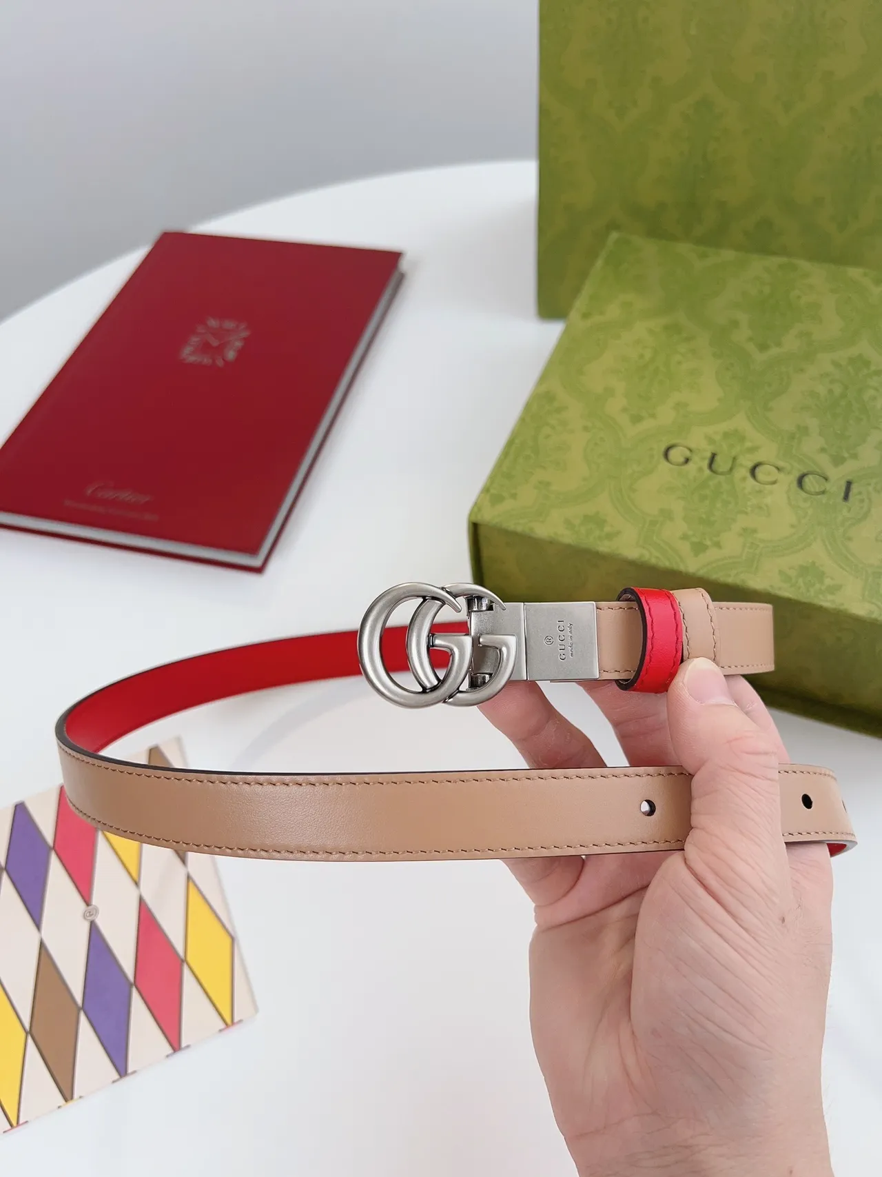 Gucci Ophidia Double G Interlocking Buckle ceinture en cuir rouge et beige 4