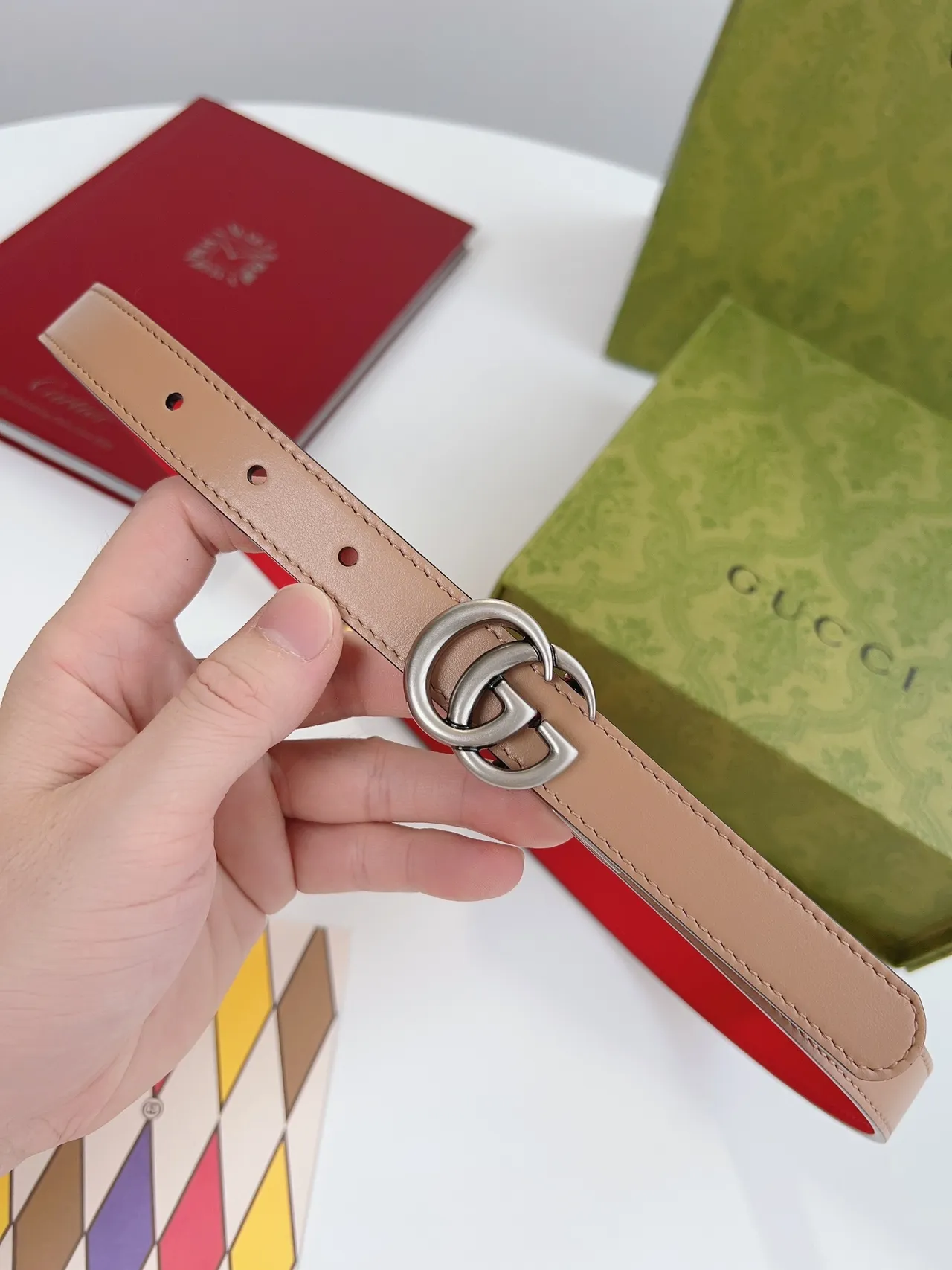 Gucci Ophidia Double G Interlocking Buckle ceinture en cuir rouge et beige 6