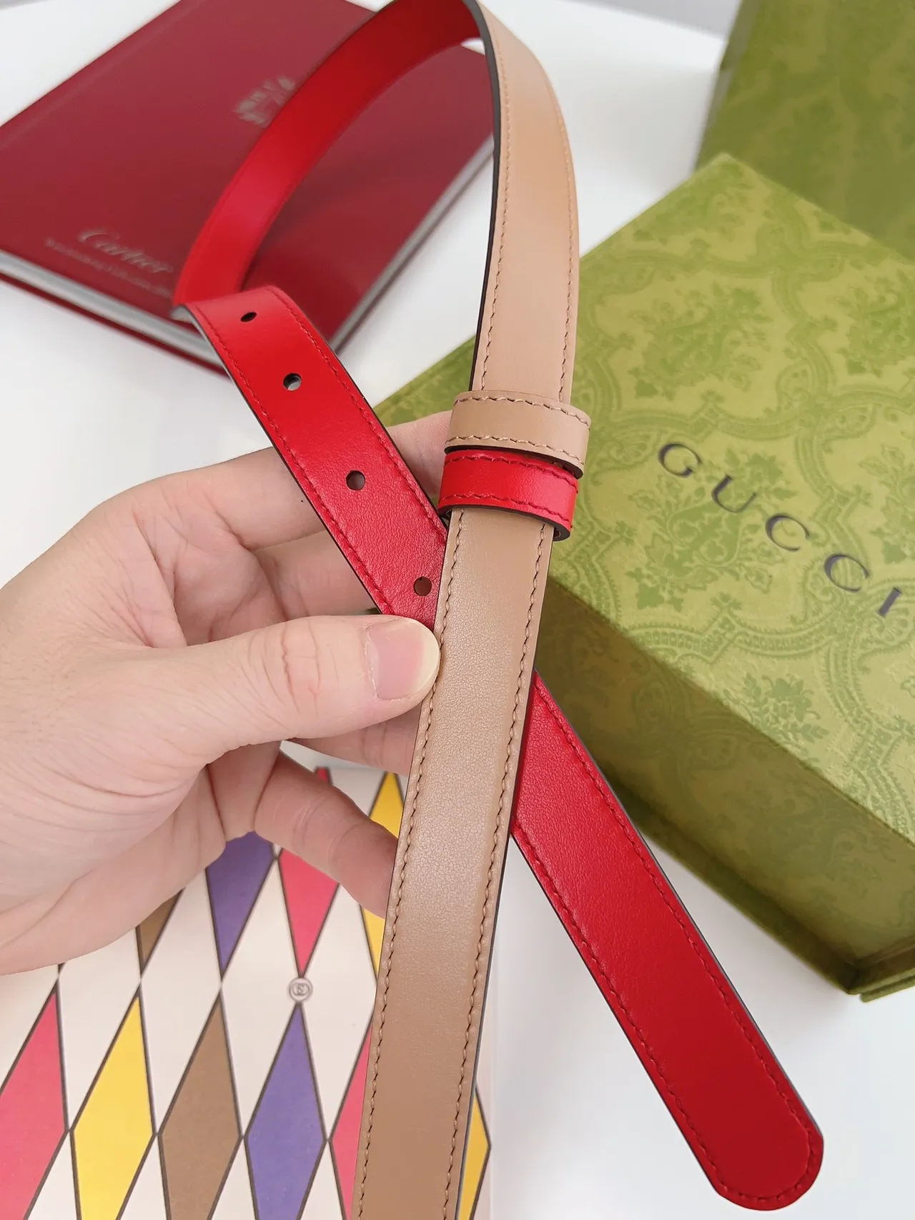 Gucci Ophidia Double G Interlocking Buckle ceinture en cuir rouge et beige 7
