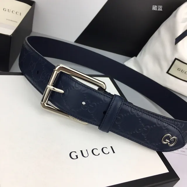 Gucci Ophidia Embossed GG Monogram Navy Leather Belt 9