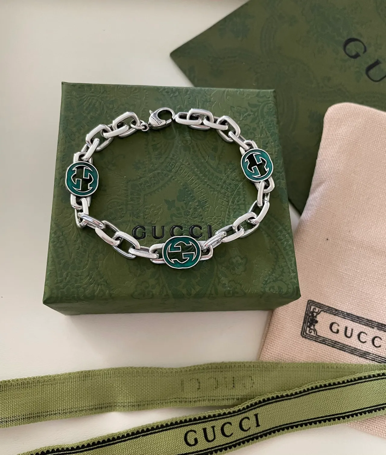 Gucci Ophidia Green Enamel GG Link Bracelet 6