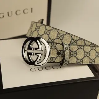 Gucci Ophidia Interlocking G Buckle Beige and Black GG Supreme Leather Belt