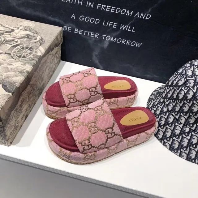 Gucci Pink Red GG Jacquard Weave Platform Sole Slippers 3