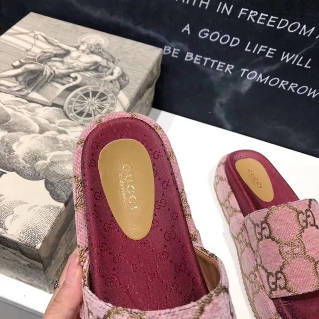 Gucci Pink Red GG Jacquard Weave Platform Sole Slippers 5