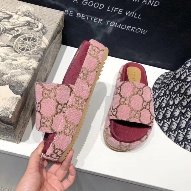 Gucci Pink Red GG Jacquard Weave Platform Sole Slippers 6