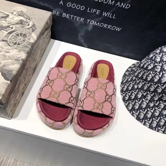 Gucci Pink Red GG Jacquard Weave Platform Sole Slippers 7
