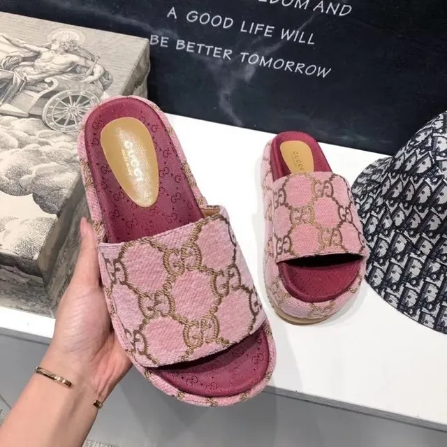 Gucci Pink Red GG Jacquard Weave Platform Sole Slippers 9