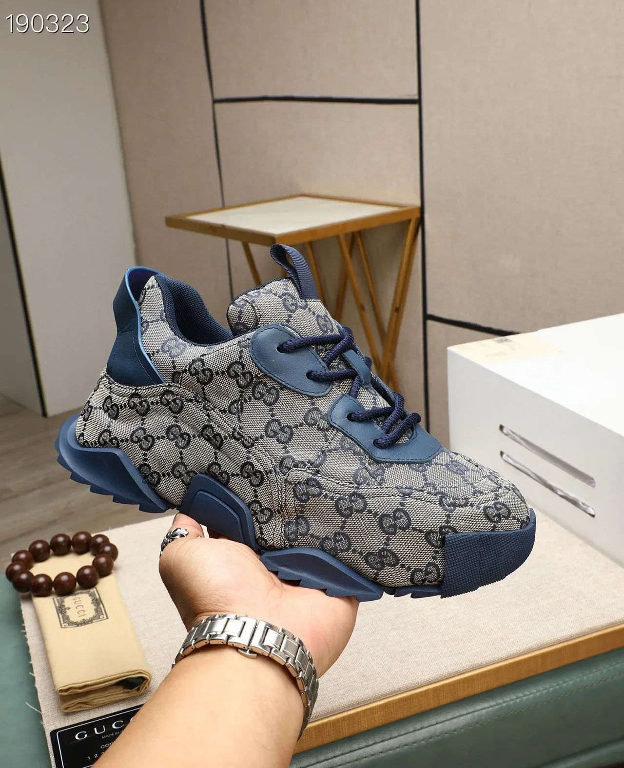 Gucci Rhyton Beige and Navy GG Monogram Lifestyle Sneakers 7