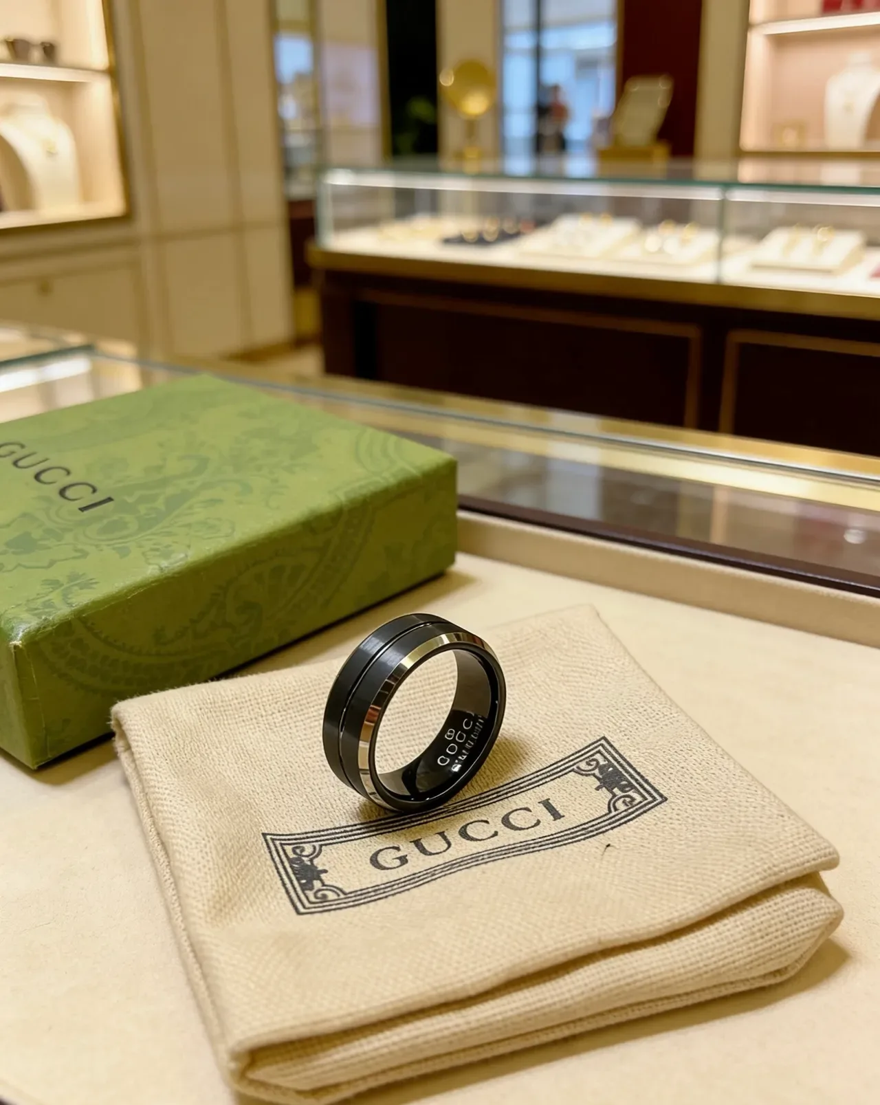 Gucci Rotating Ring Black Silver Dual-Band Ceramic Or Coated Ring 9