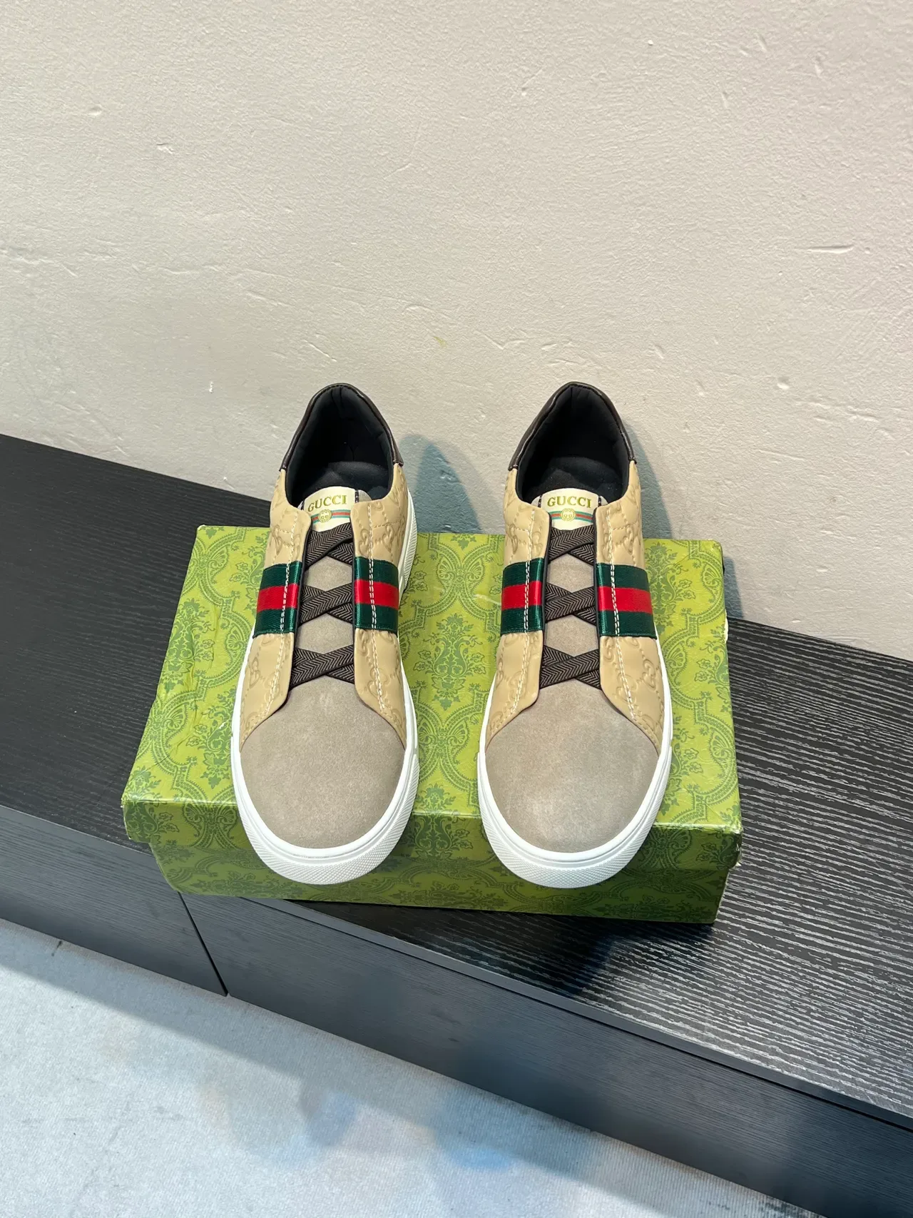 Gucci Screener Beige and Gray Web Stripe Lifestyle Sneakers 2