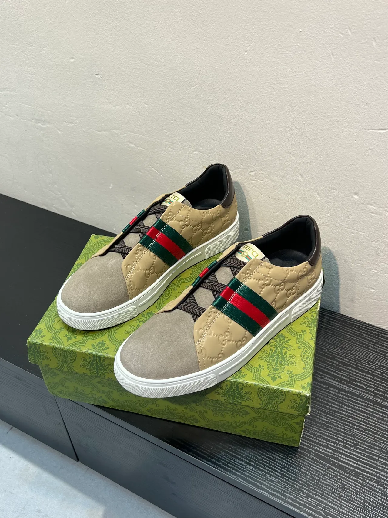 Gucci Screener Beige and Gray Web Stripe Lifestyle Sneakers 3