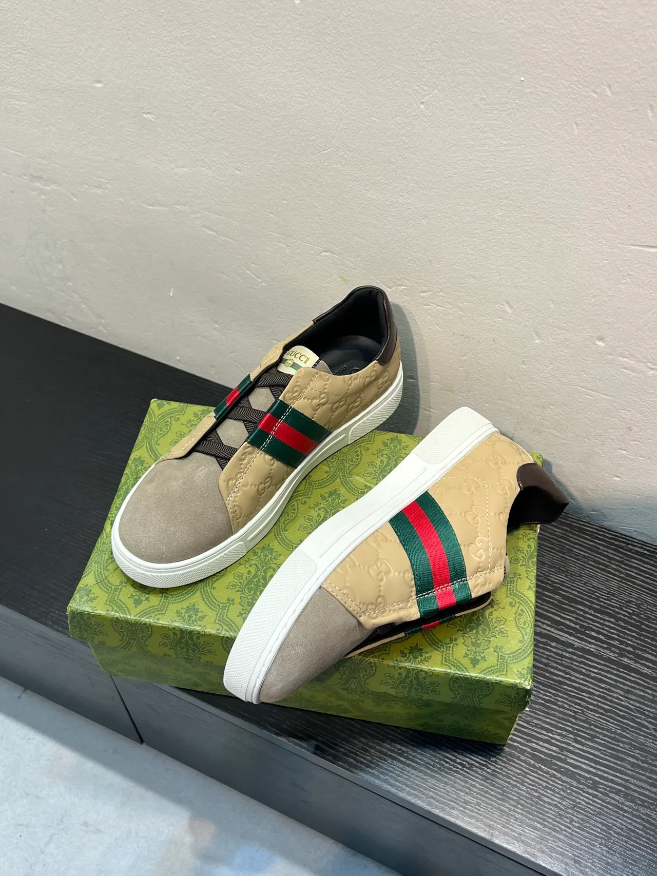 Gucci Screener Beige and Gray Web Stripe Lifestyle Sneakers 4