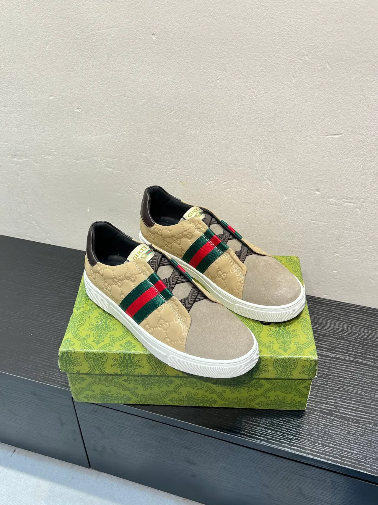 Gucci Screener Beige and Gray Web Stripe Lifestyle Sneakers 5