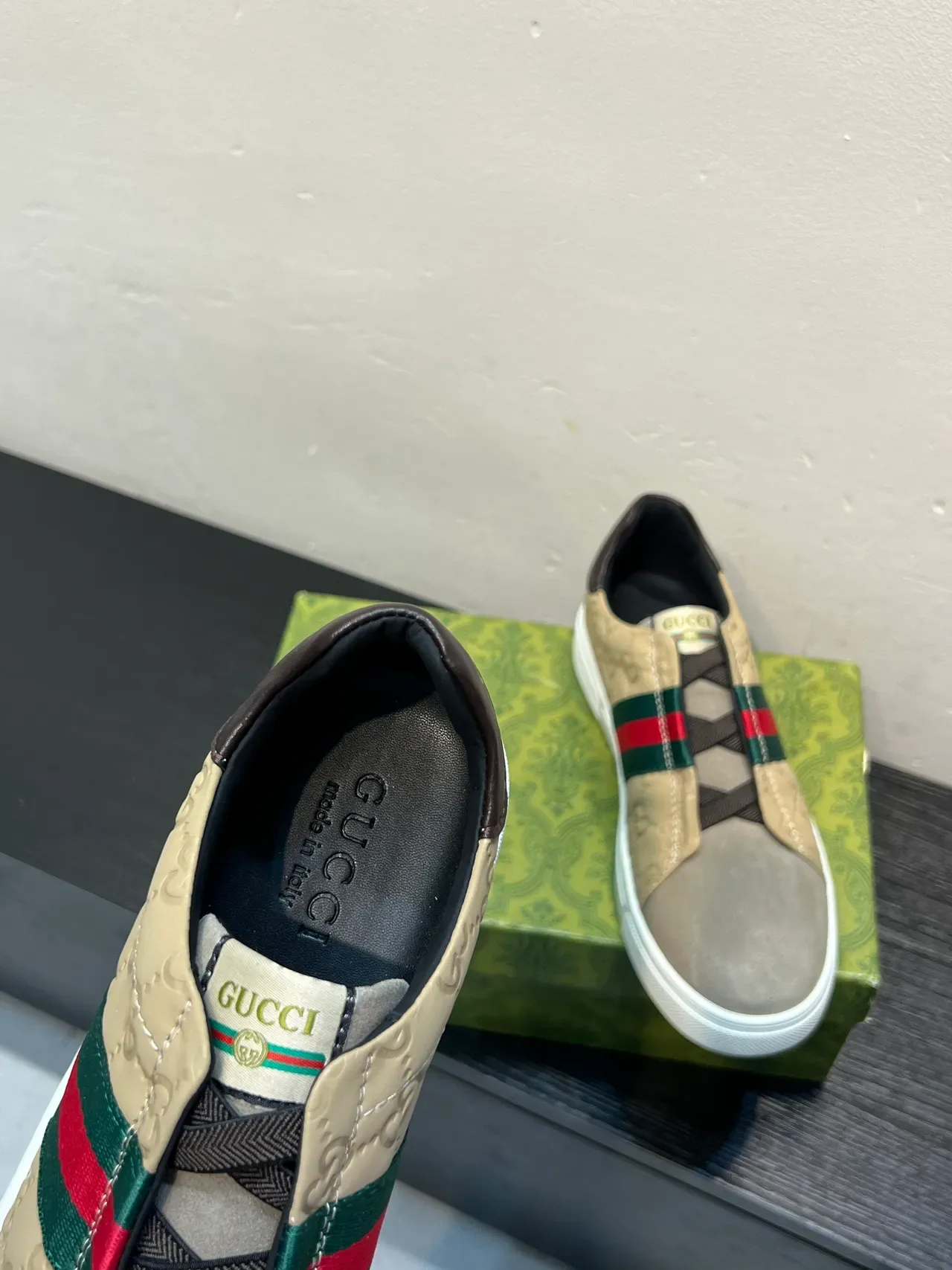 Gucci Screener Beige and Gray Web Stripe Lifestyle Sneakers 7