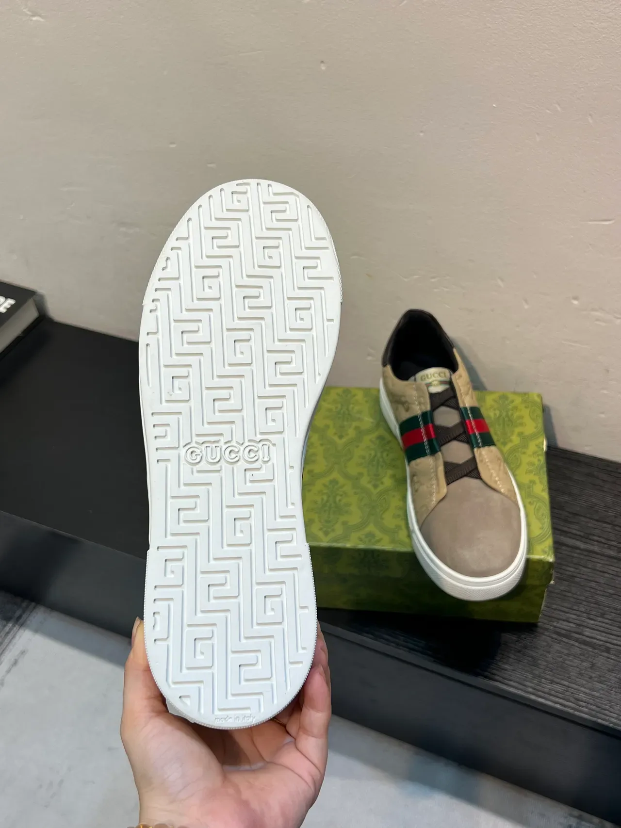 Gucci Screener Beige and Gray Web Stripe Lifestyle Sneakers 9