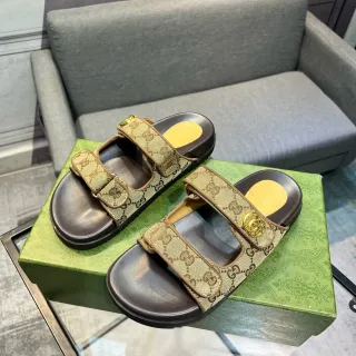 Gucci Screener Beige GG Monogram Canvas Double-Strap Casual Sandals