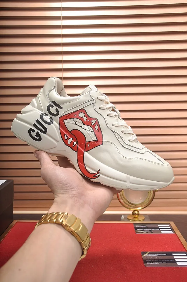 Gucci Screener Beige Red Sole Graphic Tongue Print Chunky Sneakers 2