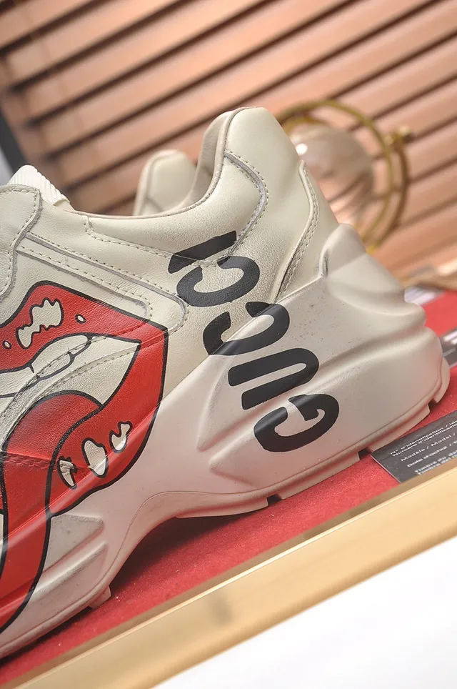 Gucci Screener Beige Red Sole Graphic Tongue Print Chunky Sneakers 3