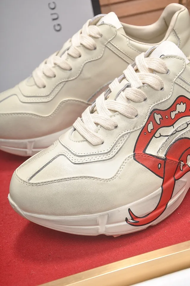 Gucci Screener Beige Red Sole Graphic Tongue Print Chunky Sneakers 4