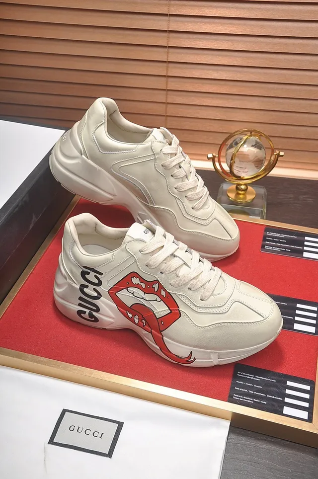 Gucci Screener Beige Red Sole Graphic Tongue Print Chunky Sneakers 6