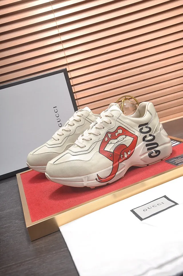 Gucci Screener Beige Red Sole Graphic Tongue Print Chunky Sneakers 7