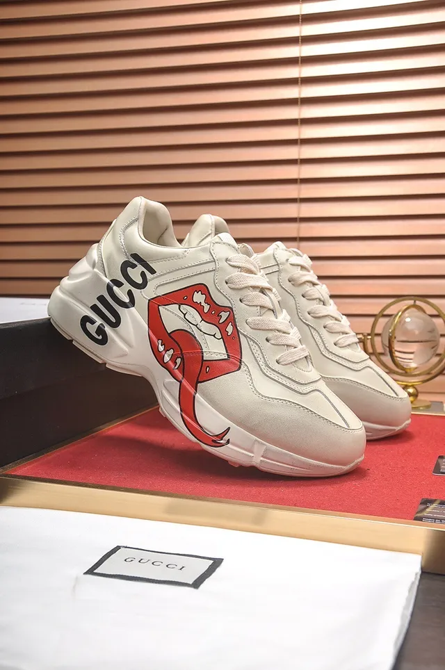 Gucci Screener Beige Red Sole Graphic Tongue Print Chunky Sneakers 8