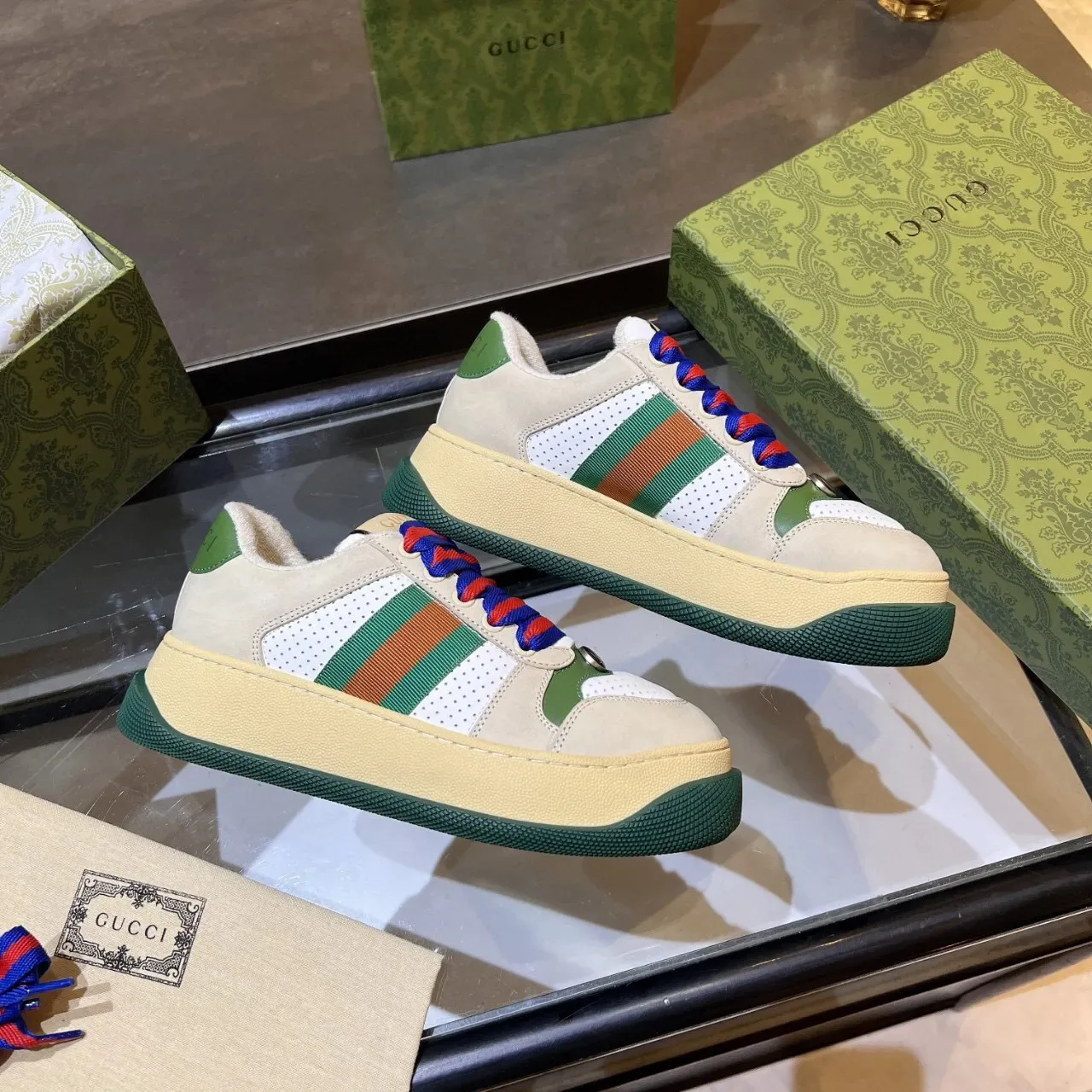 Gucci Screener Bege Branco Verde Vermelho Azul Sneakers Lifestyle 6
