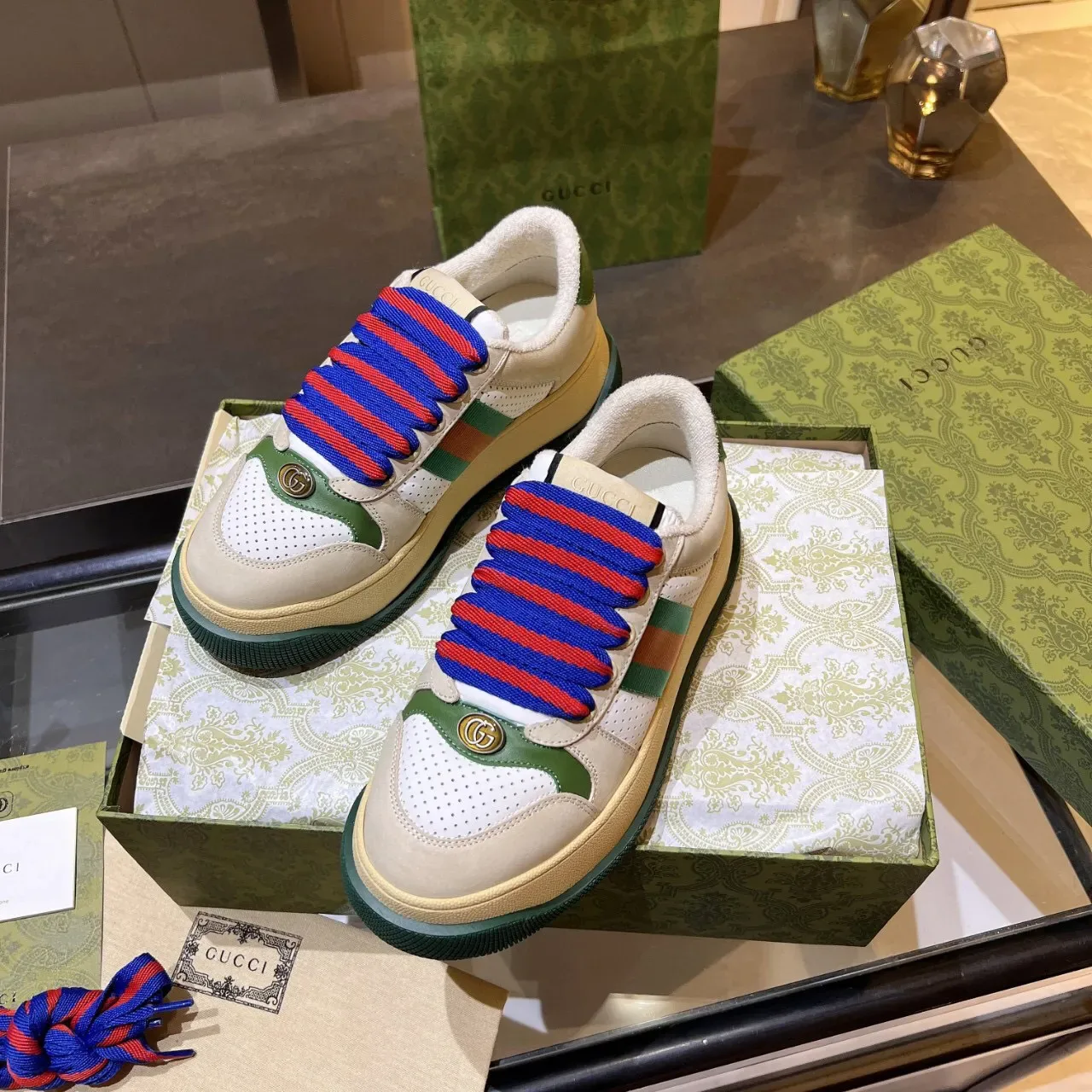 Gucci Screener Bege Branco Verde Vermelho Azul Sneakers Lifestyle 7