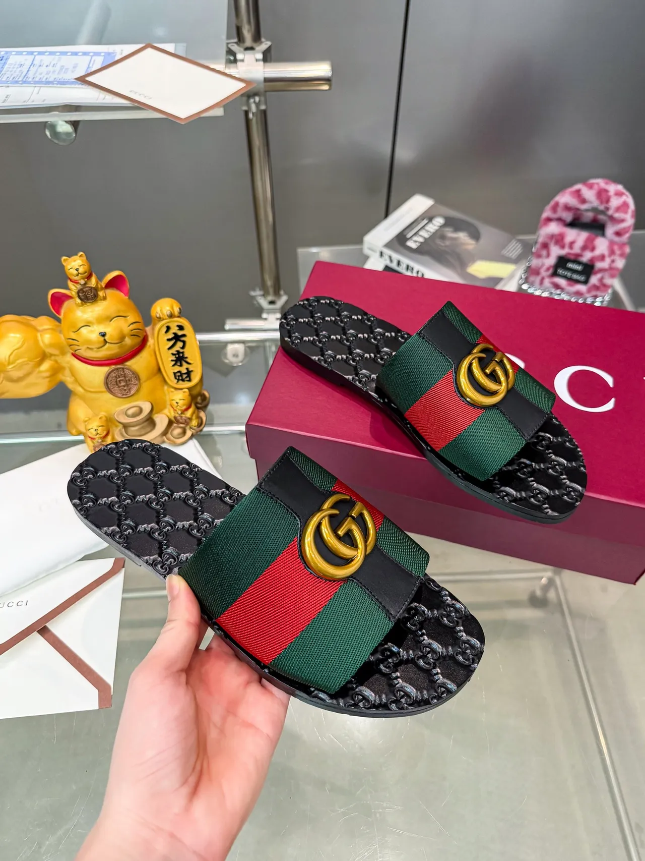 Gucci Screener Black Multicolor GG Logo Hardware Monogrammed Rubber Sole Slippers 5