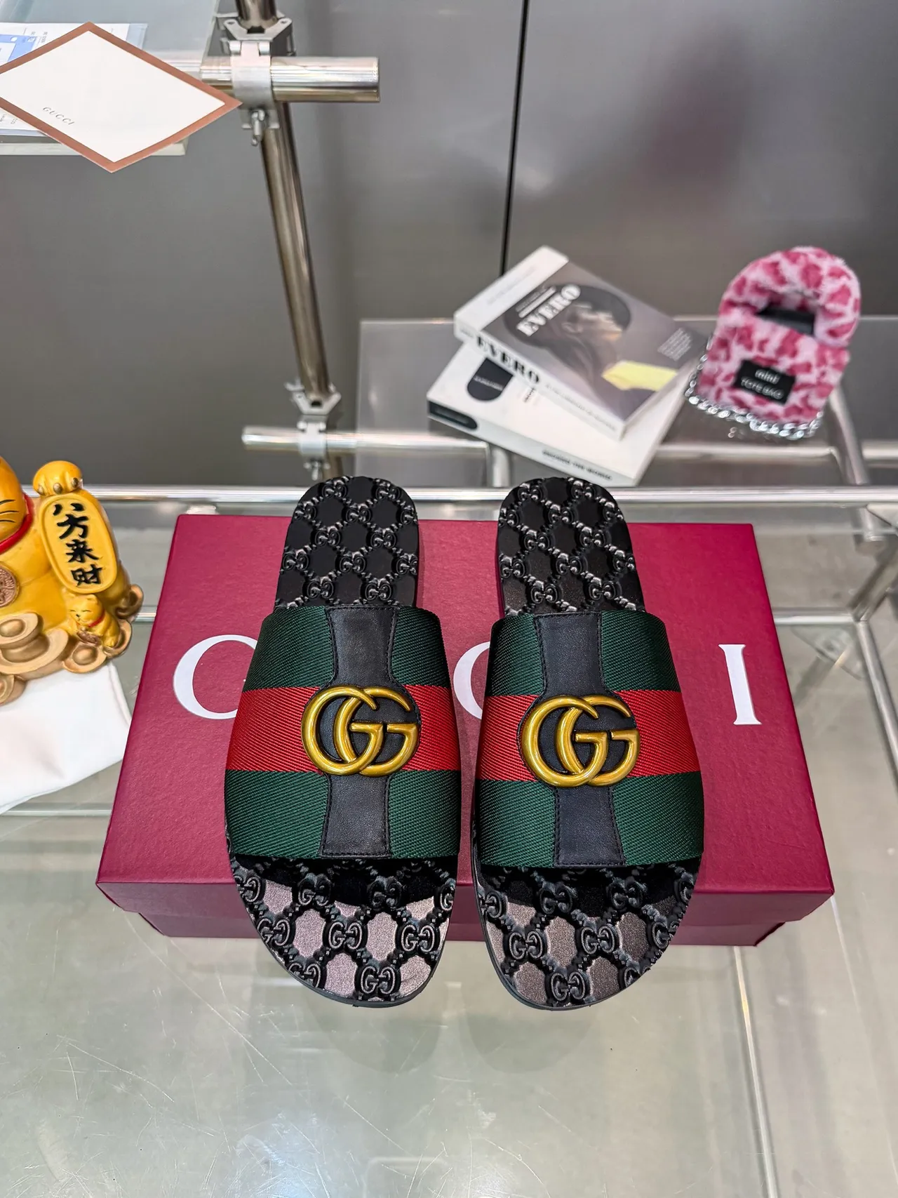 Gucci Screener Black Multicolor GG Logo Hardware Monogrammed Rubber Sole Slippers 8