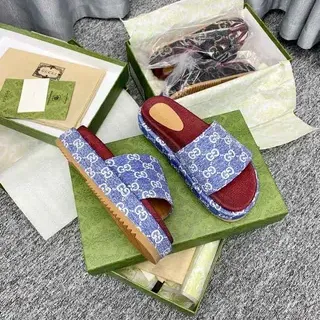 Gucci Screener Blue GG Monogram Red Footbed Slippers