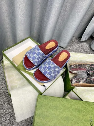 Gucci Screener Blue GG Monogram Red Footbed Slippers 2